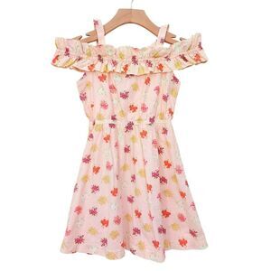 Janie and Jack Dress Girls 8 Pink Floral Cold Shoulder 100% Cotton Ruffles